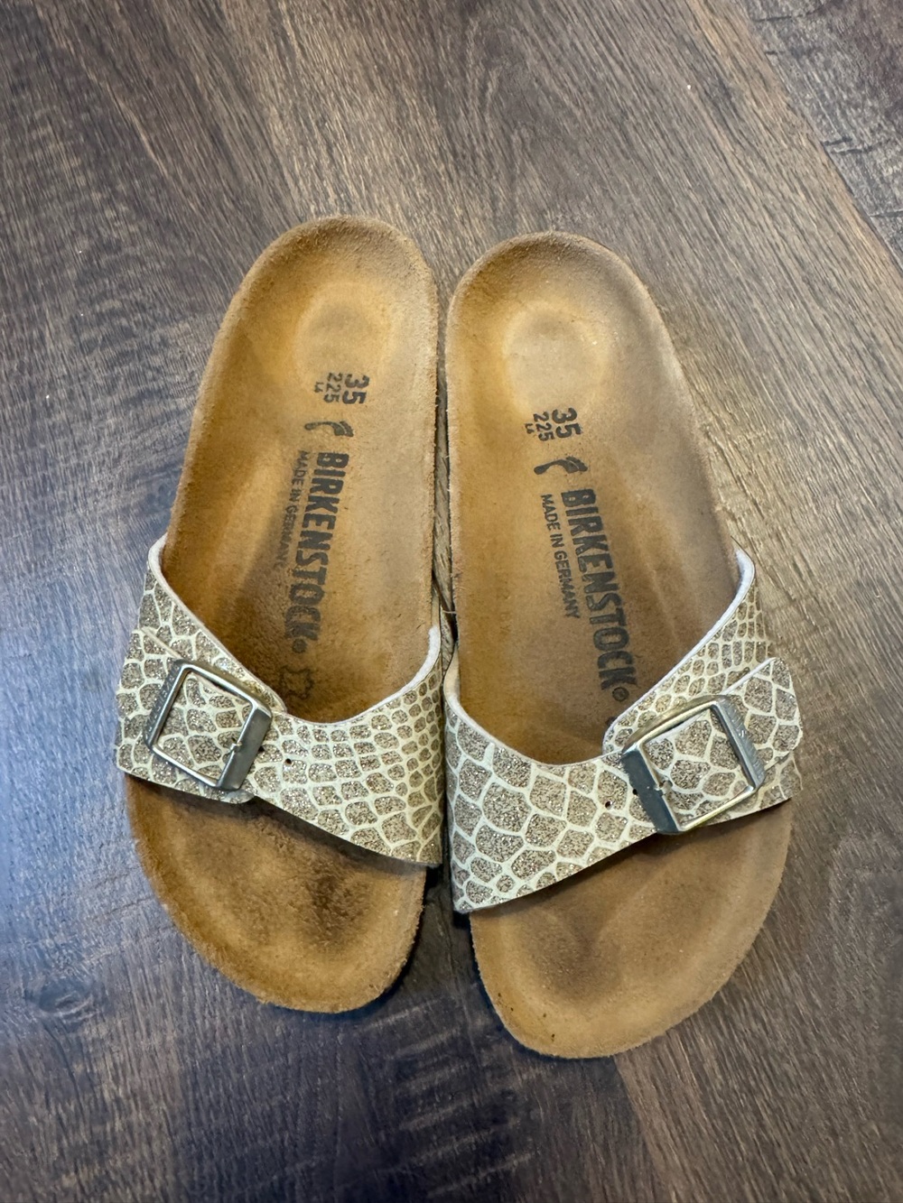 Birkenstock Madrid Sandals in Gold Magic Snake Pattern Size 35